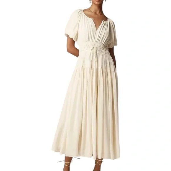 J Crew Ivory Elena Puff Sleeve Dress in Crepe de Chine Womens Size XXS Midi - Picture 1 of 12